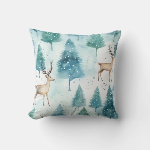 Accent Watercolor Deer In Winter Forest Christmas Throw Pillow