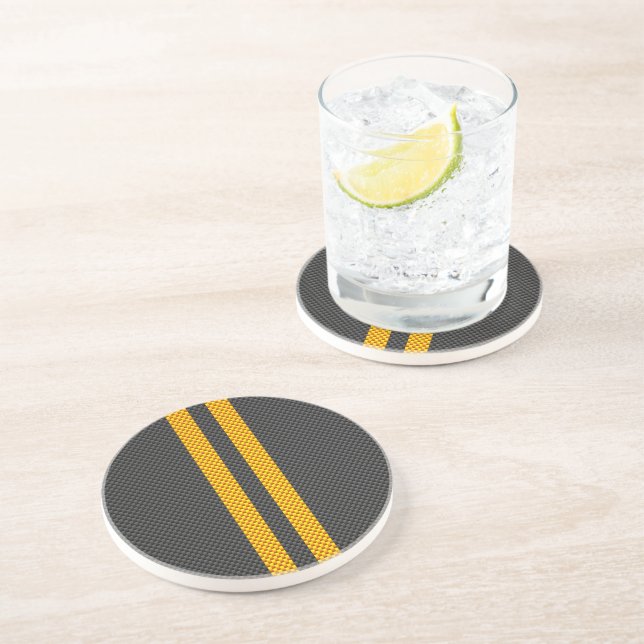 Accent Yellow Racing Stripes Carbon Fiber Style Drink Coaster (Side)