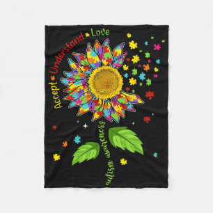 Accepnt Understand Love Autism Awareness Sunflower Fleece Blanket