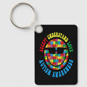 Accept Understand Love Autism Awareness Groovy Smi Keychain