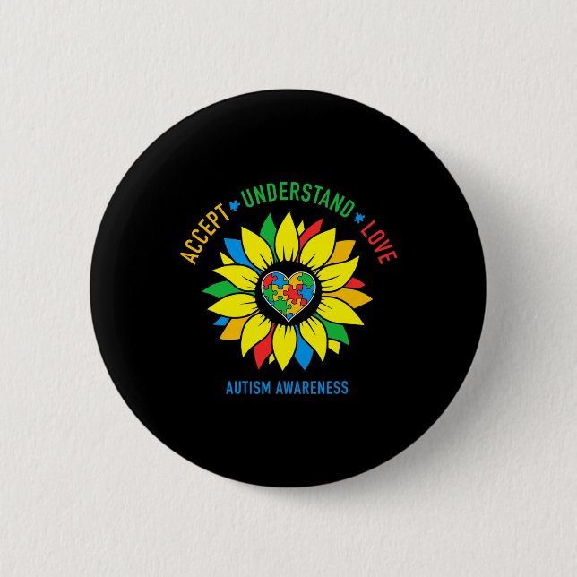 Accept Understand Love Autism Awareness Sunflower  Button (Front)