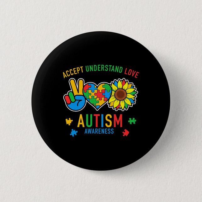 Accept Understand Love Autism Awareness Sunflower  Button (Front)