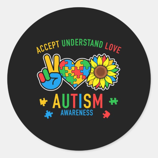Accept Understand Love Autism Awareness Sunflower  Classic Round Sticker (Front)