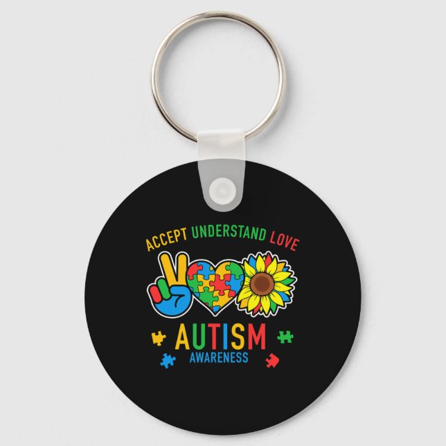 Accept Understand Love Autism Awareness Sunflower  Keychain (Front)