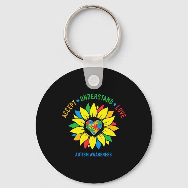 Accept Understand Love Autism Awareness Sunflower  Keychain (Front)