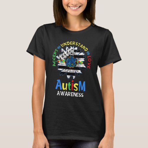 Accept Understand Love Blue Sunflower Autism Aware T_Shirt