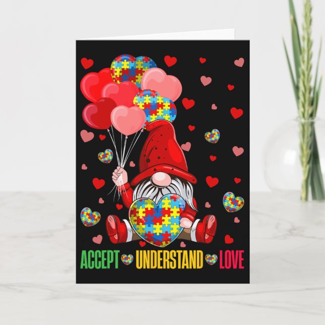 Accept Understand Love Puzzle Autism Heart Gnome V Card (Front)