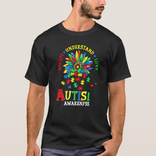 Accept Understand Love Puzzle Sunflower Autism Awa T_Shirt