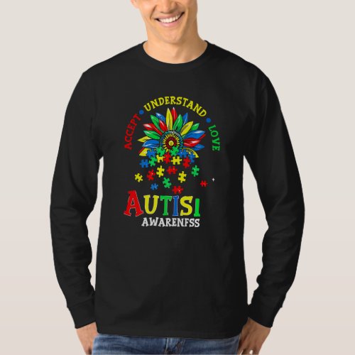 Accept Understand Love Puzzle Sunflower Autism Awa T_Shirt