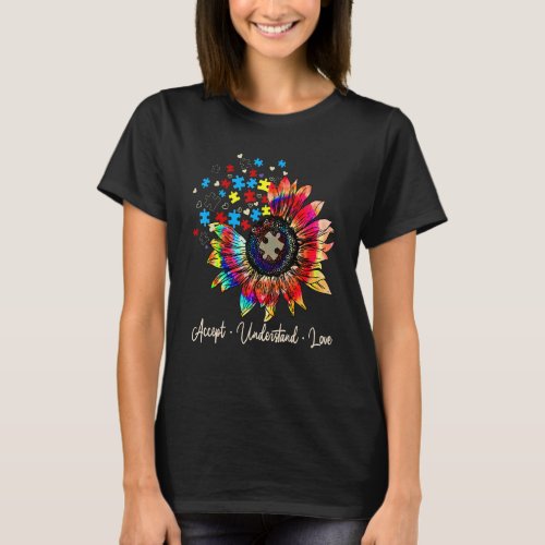 Accept Understand Love Sunflower Puzzle Autism Awa T_Shirt