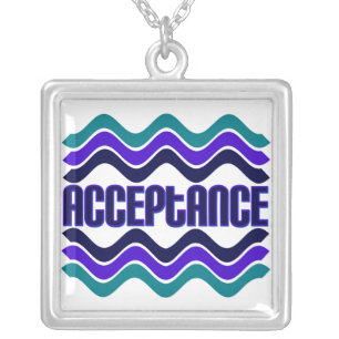 Acceptance Quote in Blue Green Purple Graphic Silver Plated Necklace