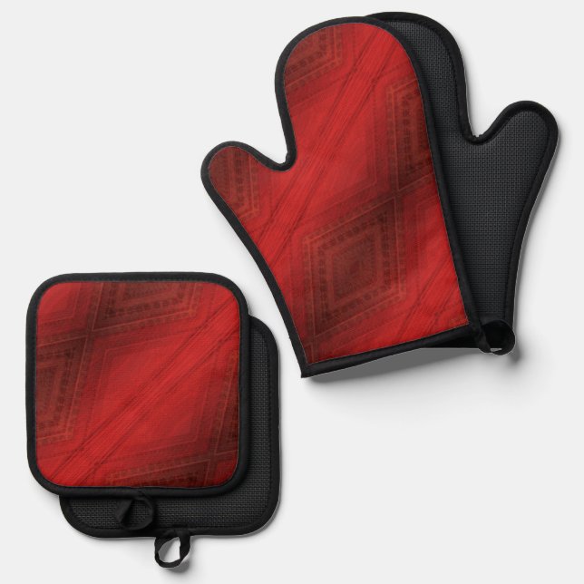 Acceptance | Red Eclectic Boho Pattern Oven Mitt & Pot Holder Set (Front/Back)