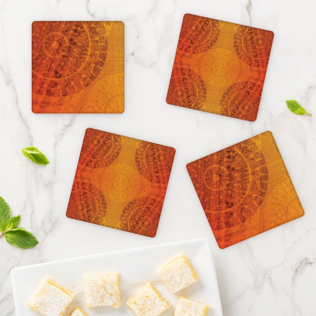 Acceptance | Red Orange Yellow Boho Medallions Coaster Set (In Situ)