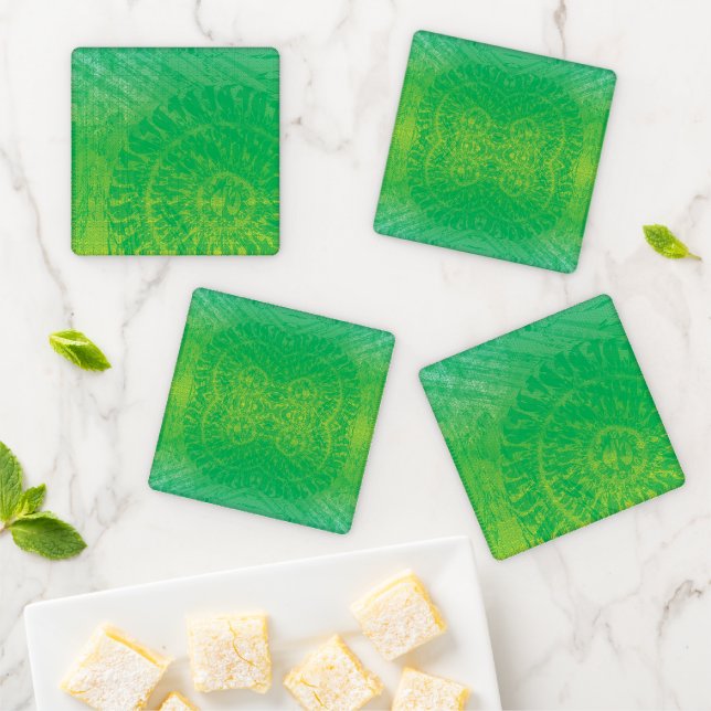 Acceptance | Yellow Green Blue Boho Medallions Coaster Set (In Situ)