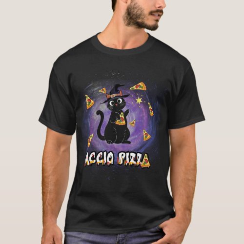 Accio Pizza Funny Black Cat Magic Wizard T_Shirt