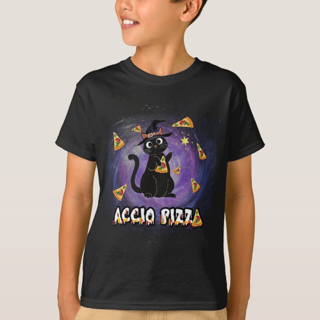 Accio Pizza Funny Black Cat Magic Wizard T-Shirt (Front)