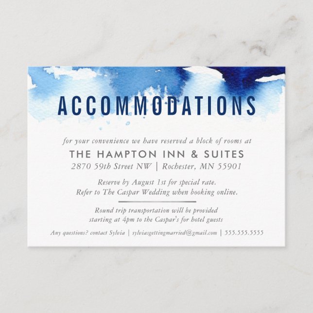 ACCOMMODATION CARD stylish watercolor dark blue (Front)