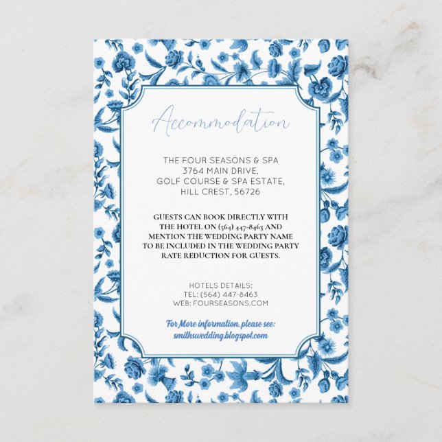 Accommodation Wedding RSVP Chintz Blue White  Enclosure Card (Front)