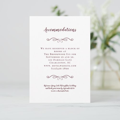 Accommodations Elegant Burgundy Wedding Details Enclosure Card