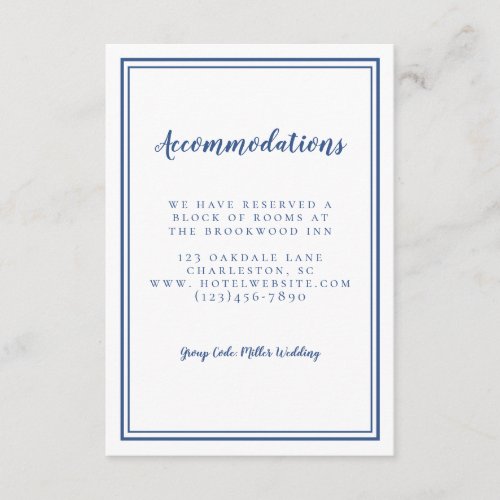 Accommodations Simple Classic Blue White Wedding Enclosure Card