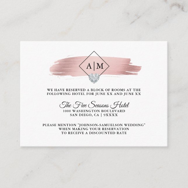 ACCOMMODATIONS Wedding Rose Gold Foil Monograms Enclosure Card (Front)