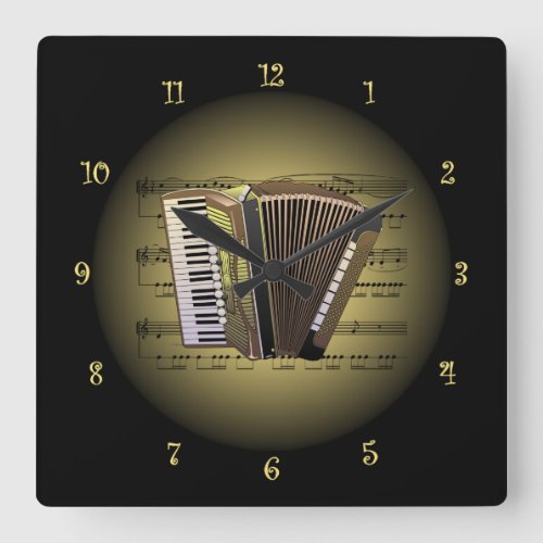 Accordion  3_D Sheet Music  Gold  Black Back Square Wall Clock