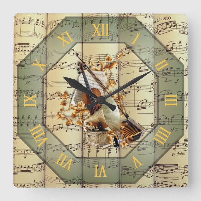  Accordion ~ Edison Phonograph ~ Cello  ~  Square Wall Clock (Front)