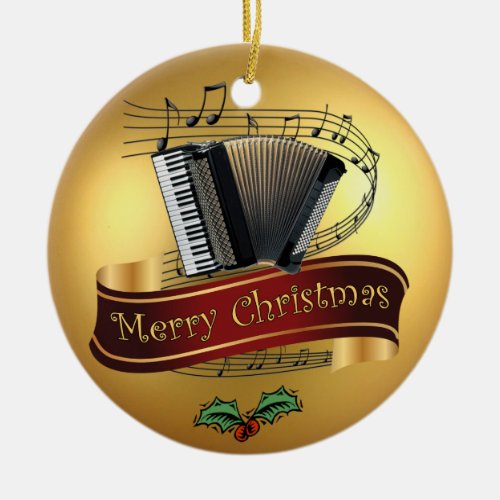 Accordion  Musical Scroll  Gold Merry Christmas Ceramic Ornament