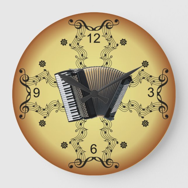 Accordion ~ Musical Scroll ~ Golden Background ~ Large Clock (Front)