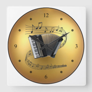 Accordion~Musical Scroll~Golden Globe Background ~ Square Wall Clock