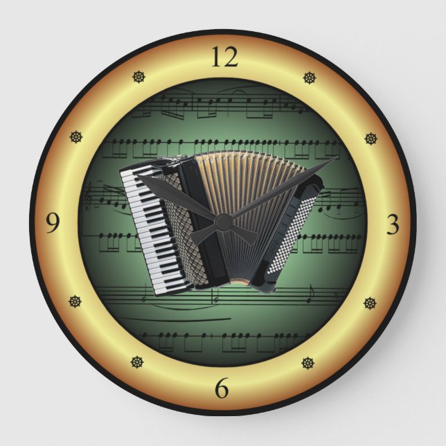 Accordion on Sheet Music~Green on Gold Background~ Large Clock (Front)