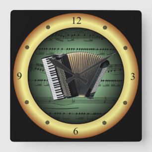 Accordion on Sheet Music~Green on Gold Background~ Square Wall Clock