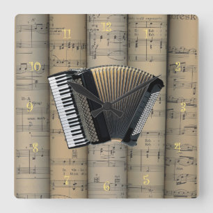 Accordion ~ Rolled Sheet Music Background ~ Music Square Wall Clock