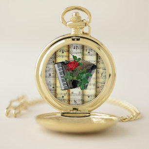 Accordion & Rose ~ Rolled Sheet Music ~ Pocket Watch