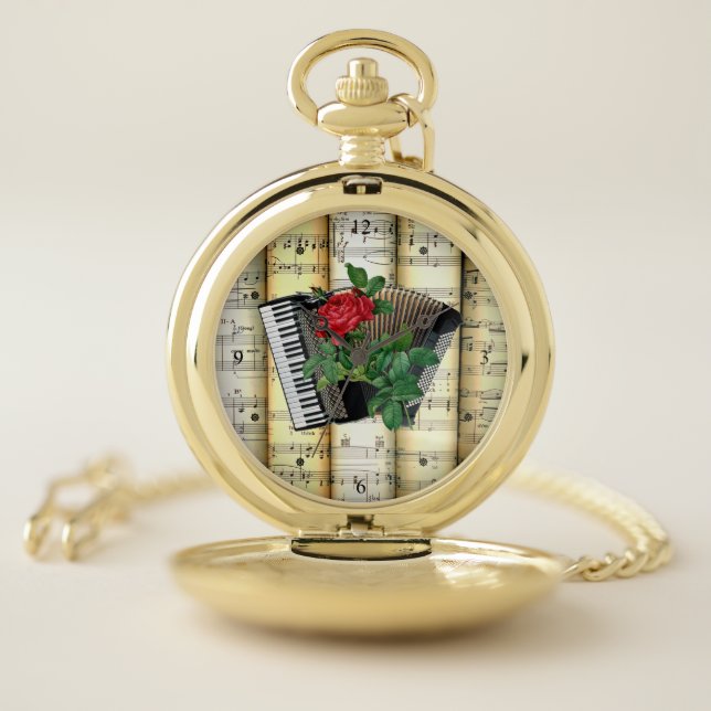 Accordion & Rose ~ Rolled Sheet Music ~ Pocket Watch (Inside)