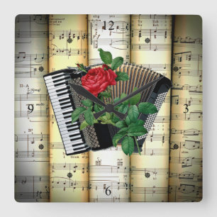 Accordion & Rose ~ Rolled Sheet Music ~ Square Wall Clock