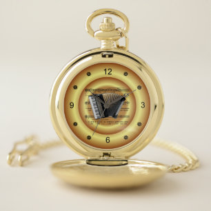 ~ Accordion~ Sheet Music ~ Gold Background ~ Pocket Watch