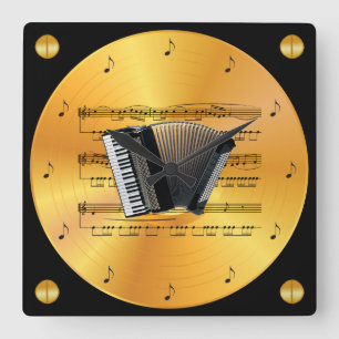 Accordion ~ Sheet Music ~ Gold Record ~ Square Wall Clock