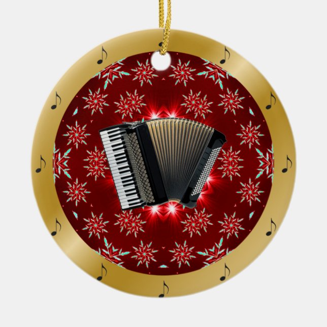 Accordion ~ Silver ~ Red~ Gold ~ Christmas ~ Ceramic Ornament (Front)