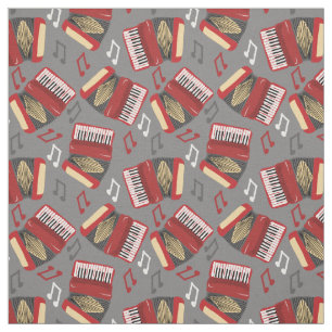 Accordions and Musical Notes Gray and Red Pattern Fabric