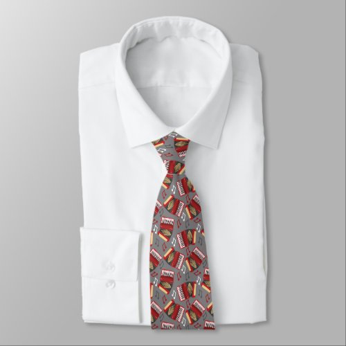 Accordions and Musical Notes Red and Gray Pattern Neck Tie