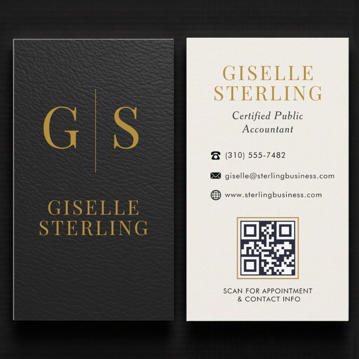 Accountant Cpa Faux Leather Black Gold QR Code Business Card