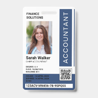 Accountant ID with photo office worker navy blue Badge