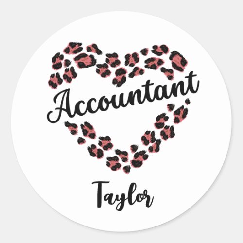 Accountant Leopard Heart Frame White Classic Round Sticker