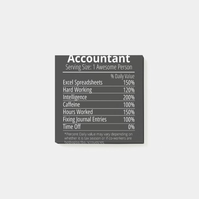 Accountant Nutrition Fact, Nutrition Facts Post-it Notes (Front)