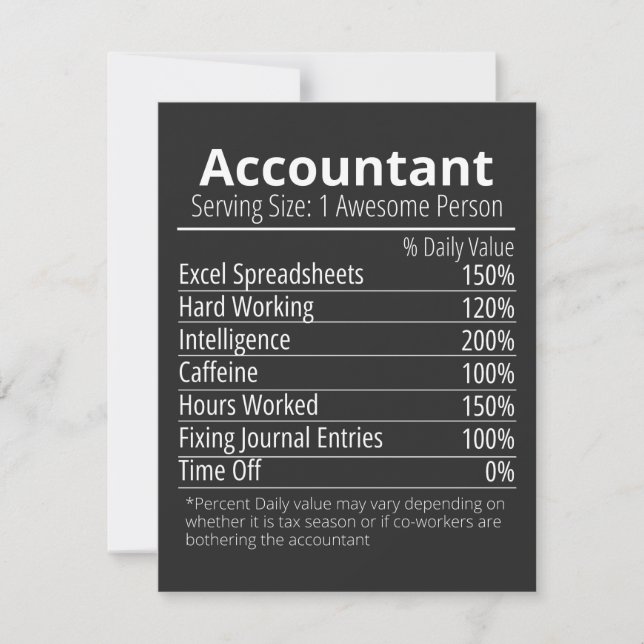 Accountant Nutrition Fact, Nutrition Facts Thank You Card (Front)