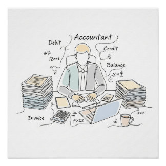 accountant, one line art, text and little color poster