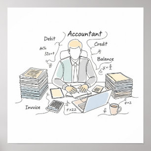 accountant, one line art, text and little color poster