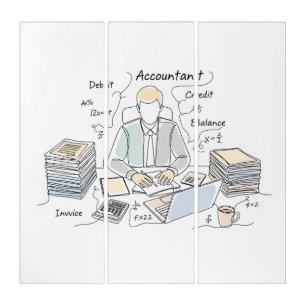accountant, one line art, text and little color triptych
