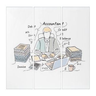 accountant, one line art, text and little color triptych